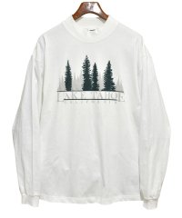 ほぼ未使用【USA製】【cottton deluxe】コットン・デラックス【白】LAKE TAHOE【凹凸プリント】【モックネックロンT】【サイズXL】 