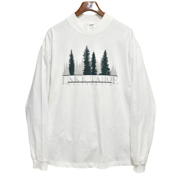 画像1: ほぼ未使用【USA製】【cottton deluxe】コットン・デラックス【白】LAKE TAHOE【凹凸プリント】【モックネックロンT】【サイズXL】 