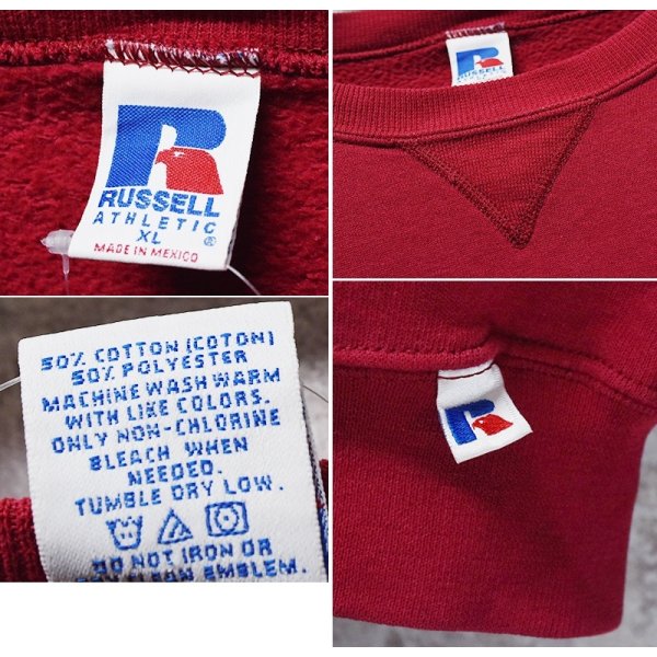 画像2: 00'ｓ【メキシコ製】【RUSSELL】ラッセル 【ビンテージ】エンジ【無地】【クルーネック】前V スウェット【サイズXL】 