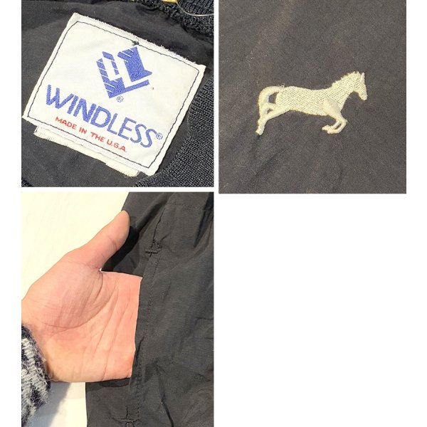 画像2: USA製【ビンテージ】WINDLESS【左胸白馬刺繍】黒【Vネックナイロンプルオーバー】【サイズL程度】  