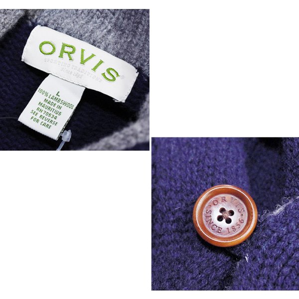 画像2: ビンテージ【ORVIS】オービス【紺×首元グレー】【ラムズウール】ショールカラーカーディガン【ウールカーディガン】【サイズＬ】 