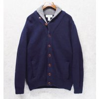 ビンテージ【ORVIS】オービス【紺×首元グレー】【ラムズウール】ショールカラーカーディガン【ウールカーディガン】【サイズＬ】 