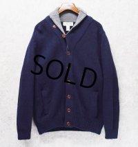 ビンテージ【ORVIS】オービス【紺×首元グレー】【ラムズウール】ショールカラーカーディガン【ウールカーディガン】【サイズＬ】 