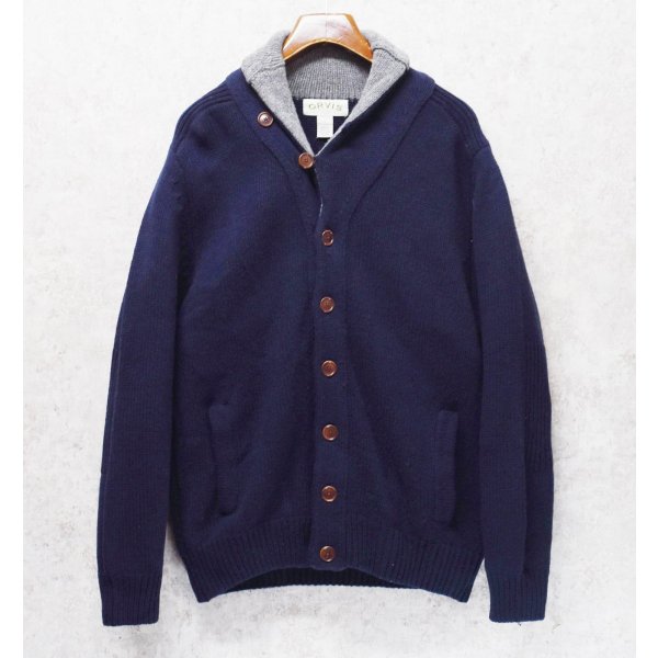 画像1: ビンテージ【ORVIS】オービス【紺×首元グレー】【ラムズウール】ショールカラーカーディガン【ウールカーディガン】【サイズＬ】 