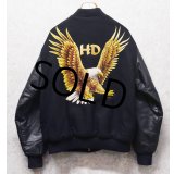 90’ｓ~【USA製】【HEAVY DUTY】ビンテージ【鷲】ワシ バックプリント【メルトンｘレザー】【黒】【スタジャン】【サイズXL】 