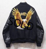 90’ｓ~【USA製】【HEAVY DUTY】ビンテージ【鷲】ワシ バックプリント【メルトンｘレザー】【黒】【スタジャン】【サイズXL】 