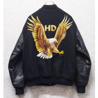 90’ｓ~【USA製】【HEAVY DUTY】ビンテージ【鷲】ワシ バックプリント【メルトンｘレザー】【黒】【スタジャン】【サイズXL】 