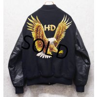 90’ｓ~【USA製】【HEAVY DUTY】ビンテージ【鷲】ワシ バックプリント【メルトンｘレザー】【黒】【スタジャン】【サイズXL】 