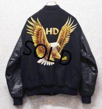 90’ｓ~【USA製】【HEAVY DUTY】ビンテージ【鷲】ワシ バックプリント【メルトンｘレザー】【黒】【スタジャン】【サイズXL】 