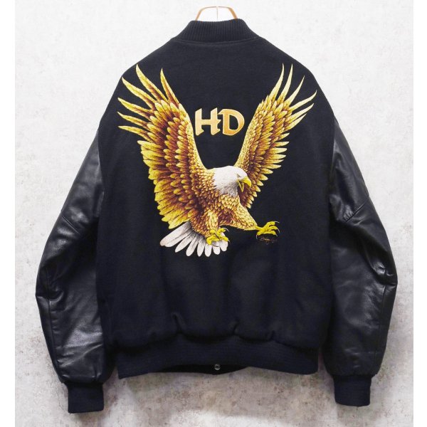 画像1: 90’ｓ~【USA製】【HEAVY DUTY】ビンテージ【鷲】ワシ バックプリント【メルトンｘレザー】【黒】【スタジャン】【サイズXL】 