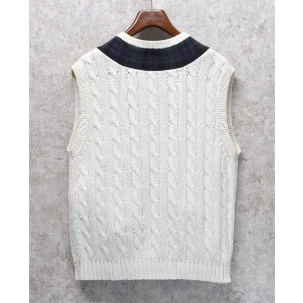 画像3: 90's~ ビンテージ【オールドGAP】ギャップ【白×襟ブラックウォッチ】【ケーブル編み】Vネック【コットンニットベスト】【サイズL】 