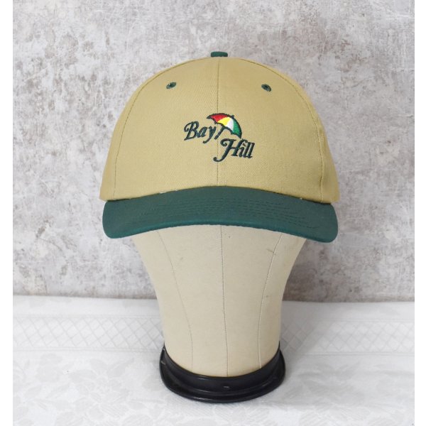 画像1: ほぼ未使用!! 90's~【USA製】【BYATEXAS】【ビンテージ】【Bay Hill】刺繍【ベージュ×ツバ緑】傘【BBキャップ】【ベースボールキャップ】サイズフリー 