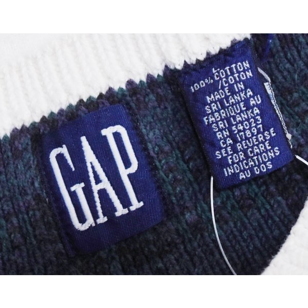 画像2: 90's~ ビンテージ【オールドGAP】ギャップ【白×襟ブラックウォッチ】【ケーブル編み】Vネック【コットンニットベスト】【サイズL】 