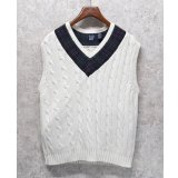 90's~ ビンテージ【オールドGAP】ギャップ【白×襟ブラックウォッチ】【ケーブル編み】Vネック【コットンニットベスト】【サイズL】 