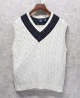 90's~ ビンテージ【オールドGAP】ギャップ【白×襟ブラックウォッチ】【ケーブル編み】Vネック【コットンニットベスト】【サイズL】 