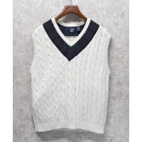 90's~ ビンテージ【オールドGAP】ギャップ【白×襟ブラックウォッチ】【ケーブル編み】Vネック【コットンニットベスト】【サイズL】 