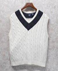 90's~ ビンテージ【オールドGAP】ギャップ【白×襟ブラックウォッチ】【ケーブル編み】Vネック【コットンニットベスト】【サイズL】 
