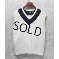 90's~ ビンテージ【オールドGAP】ギャップ【白×襟ブラックウォッチ】【ケーブル編み】Vネック【コットンニットベスト】【サイズL】 