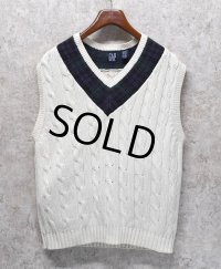90's~ ビンテージ【オールドGAP】ギャップ【白×襟ブラックウォッチ】【ケーブル編み】Vネック【コットンニットベスト】【サイズL】 