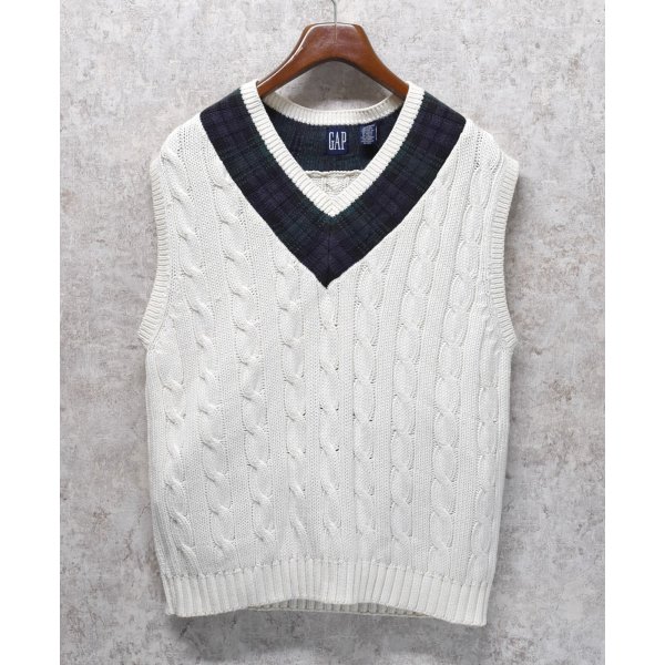画像1: 90's~ ビンテージ【オールドGAP】ギャップ【白×襟ブラックウォッチ】【ケーブル編み】Vネック【コットンニットベスト】【サイズL】 