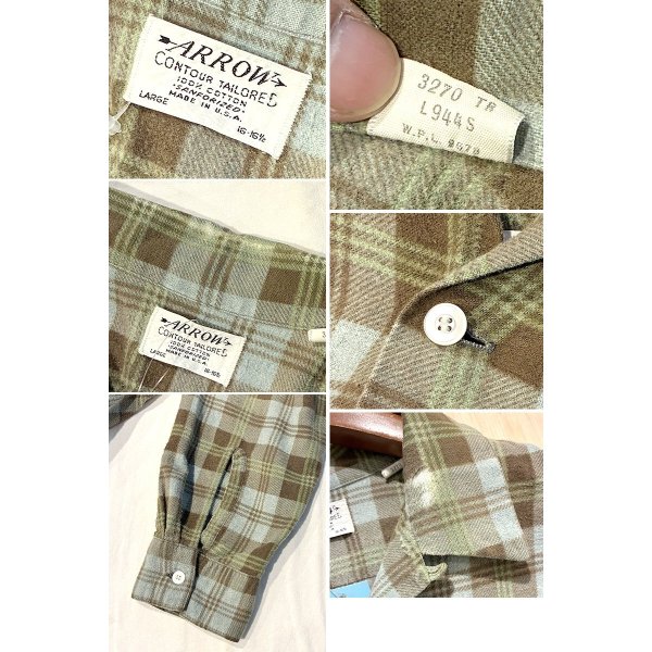 画像2: 60's USA製【ビンテージ】【ARROW】アロー【ブラウン系チェック】開襟シャツ【フランネルシャツ】【サイズL】  
