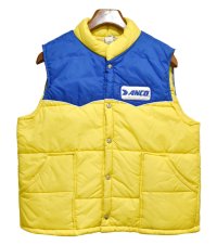 ~80's【ビンテージ】【ANCO】【黄色×青】中綿入り【ダウンベスト】ワッペン付き ジップアップベスト【サイズＬ】 
