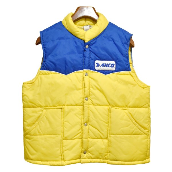 画像1: ~80's【ビンテージ】【ANCO】【黄色×青】中綿入り【ダウンベスト】ワッペン付き ジップアップベスト【サイズＬ】 