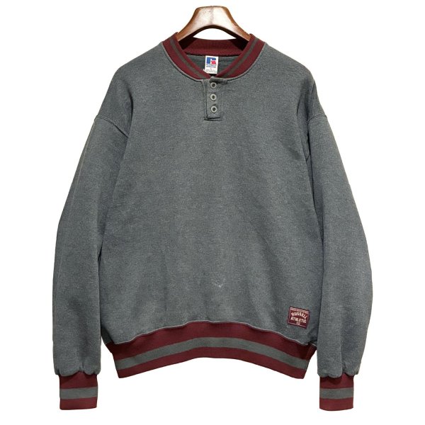 画像1: 90's【USA製】【RUSSELL】ラッセル 【ビンテージ】チャコールｘリブエンジライン 【ヘンリーネックスウェット】【サイズL】 