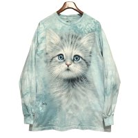 90's ビンテージ【The Mountain】猫プリント【水色タイダイ】【ロンＴ】【サイズL】 