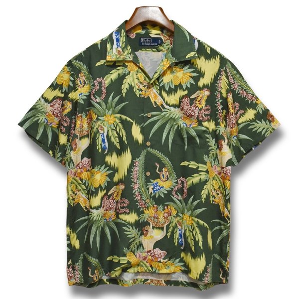 画像1: 90's【ビンテージ】【ラルフローレン】POLO ralph lauren【viscose(レーヨン)】緑×花柄【アロハシャツ】レーヨンシャツ【サイズL】 