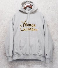 【チャンピオン】【Champion】グレー【VIKINGS LACROSSE】バイキングス【プリント】ラクロス【リバースウィーブパーカー】【サイズXL程度】 