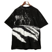 【90's】【USA製】【ビンテージ】【Hanes】ヘインズ【オオカミ】プリント【黒ｘ白総柄】【Tシャツ】【サイズXL】 