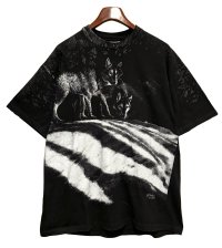 【90's】【USA製】【ビンテージ】【Hanes】ヘインズ【オオカミ】プリント【黒ｘ白総柄】【Tシャツ】【サイズXL】 