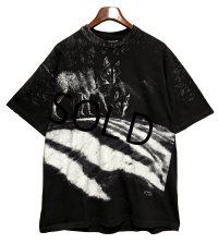 【90's】【USA製】【ビンテージ】【Hanes】ヘインズ【オオカミ】プリント【黒ｘ白総柄】【Tシャツ】【サイズXL】 