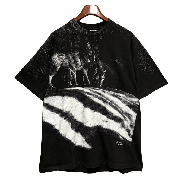 画像1: 【90's】【USA製】【ビンテージ】【Hanes】ヘインズ【オオカミ】プリント【黒ｘ白総柄】【Tシャツ】【サイズXL】 