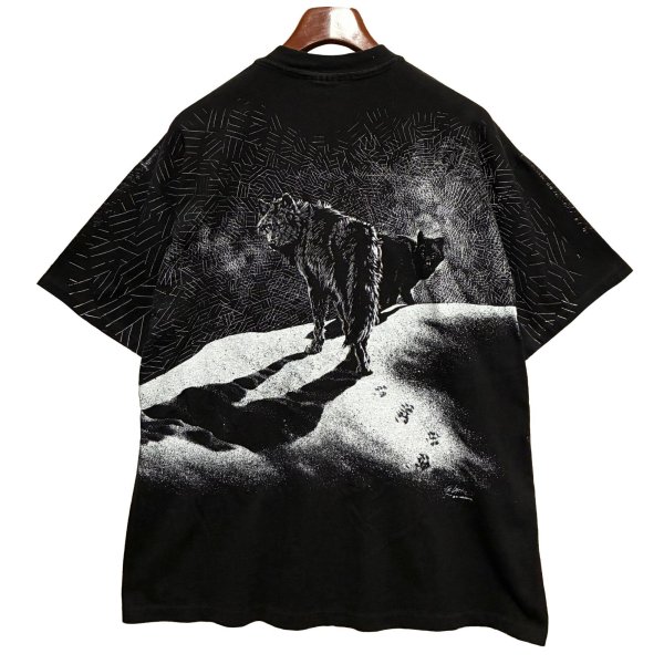 画像4: 【90's】【USA製】【ビンテージ】【Hanes】ヘインズ【オオカミ】プリント【黒ｘ白総柄】【Tシャツ】【サイズXL】 