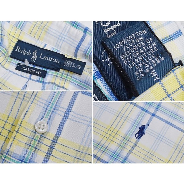 画像2: POLO ralph lauren【ラルフローレン】ビンテージ【CASSIC FIT】【クラシックフィット】【白ｘ青ｘ黄】チェック【半袖ＢＤシャツ】【サイズＬ】 