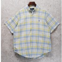 POLO ralph lauren【ラルフローレン】ビンテージ【CASSIC FIT】【クラシックフィット】【白ｘ青ｘ黄】チェック【半袖ＢＤシャツ】【サイズＬ】 
