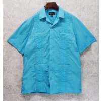 【ビンテージ】OMEGA fashion【水色】キューバシャツ 半袖開襟シャツ【サイズＭ】  