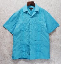 【ビンテージ】OMEGA fashion【水色】キューバシャツ 半袖開襟シャツ【サイズＭ】  