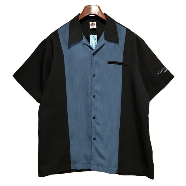 画像1: USA製【House of Blues ORLAND】【黒ｘ青】【ポリエステル】【ボーリングシャツ】【半袖シャツ】【サイズＸＬ】  