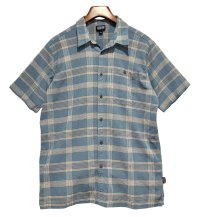 【パタゴニア】【patagonia】【青ｘオレンジ】チェック【オーガニックコットン】【半袖シャツ】【サイズＬ】 