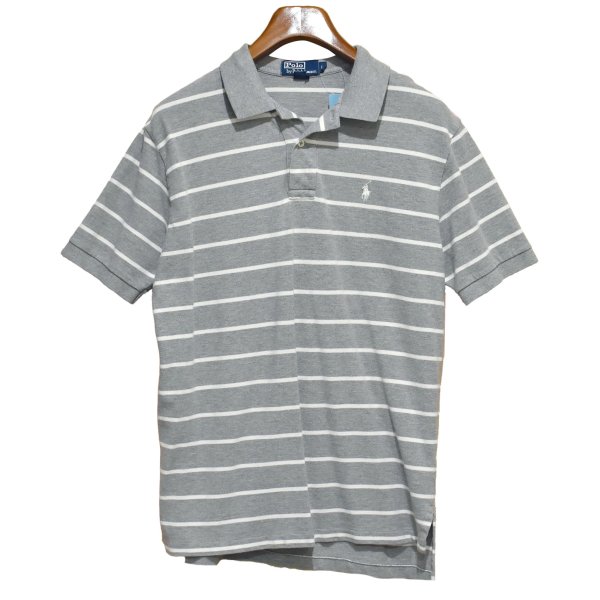 画像1: 【ビンテージ】【ラルフローレン】POLO RALPH LAUREN 【グレー×白ライン】コットン【ポロシャツ】【サイズＬ】  