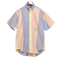 ビンテージ【TOMMY HILFIGER】トミーヒルフィガー【水色×ピンク×黄色】マルチカラー【ボタンダウンシャツ】半袖シャツ【サイズS】 
