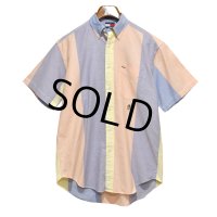 ビンテージ【TOMMY HILFIGER】トミーヒルフィガー【水色×ピンク×黄色】マルチカラー【ボタンダウンシャツ】半袖シャツ【サイズS】 