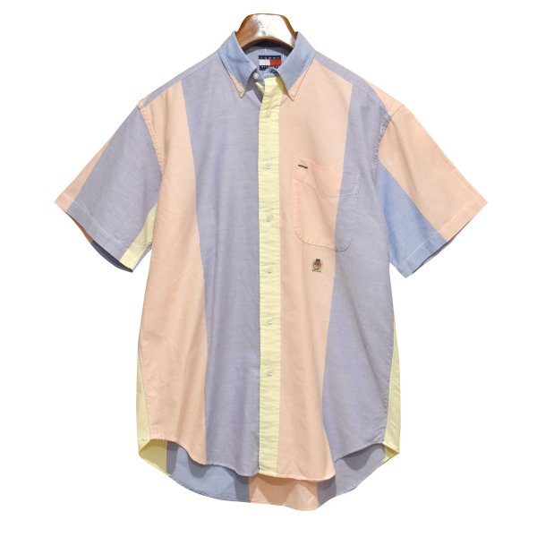 画像1: ビンテージ【TOMMY HILFIGER】トミーヒルフィガー【水色×ピンク×黄色】マルチカラー【ボタンダウンシャツ】半袖シャツ【サイズS】 