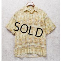 ビンテージ【pierre cardin】ピエールカルダン【花 葉】総柄【ベージュｘ薄緑】【半袖】開襟シャツ【オープンカラーシャツ】サイズM 