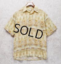 ビンテージ【pierre cardin】ピエールカルダン【花 葉】総柄【ベージュｘ薄緑】【半袖】開襟シャツ【オープンカラーシャツ】サイズM 