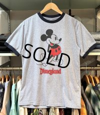  【ビンテージ】ウォルトディズニー【ミッキーマウス】水色霜降り×紺 【リンガーTシャツ】 ディズニーランド【サイズＭ程度】 