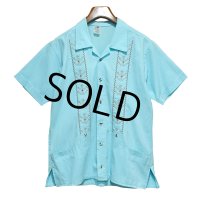 メキシコ製 ビンテージ【水色】ネイティブインディアン【刺繍】 キューバシャツ【オープンカラー】【半袖シャツ】開襟シャツ【サイズM】 